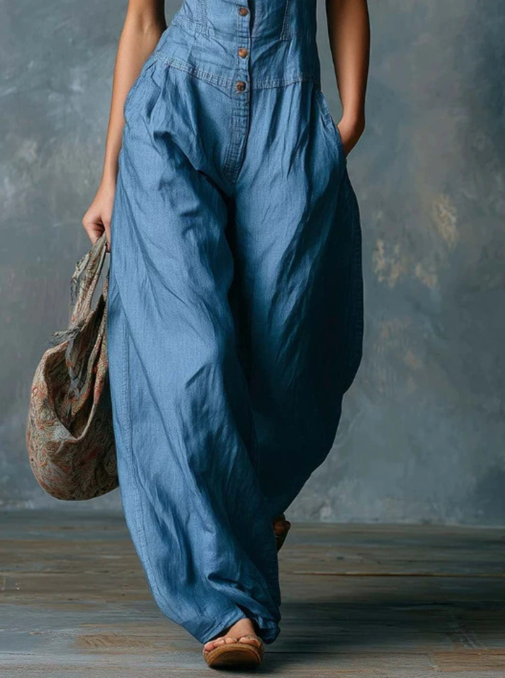 H&M Retro Western Casual Button Front Sleeveless Blue Jumpsuit